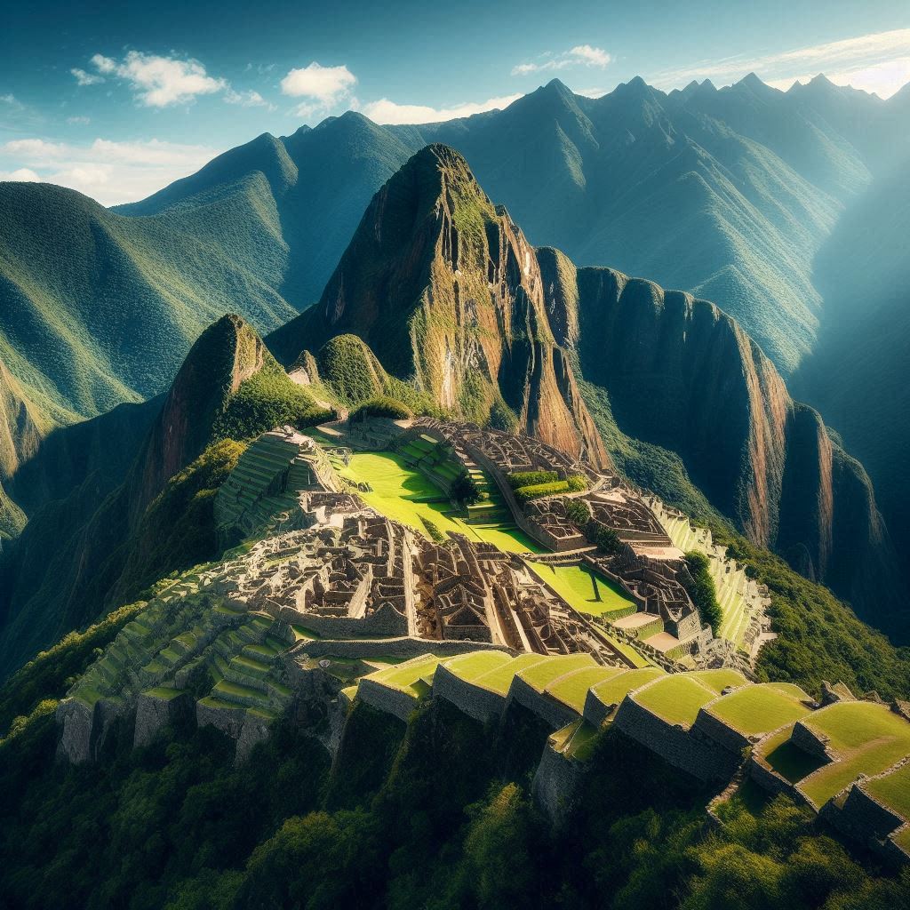 Breathtaking view of Machu Picchu, the iconic Incan citadel set high in the Andes Mountains of Peru, under a clear blue sky.